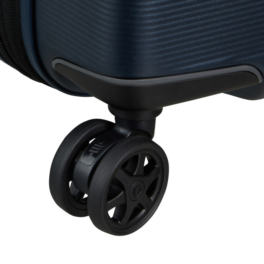 Midnight blue 55cm Samsonite Easy Access Expandable Spinner Suitcase with wheels and sturdy handle for cabin travel.