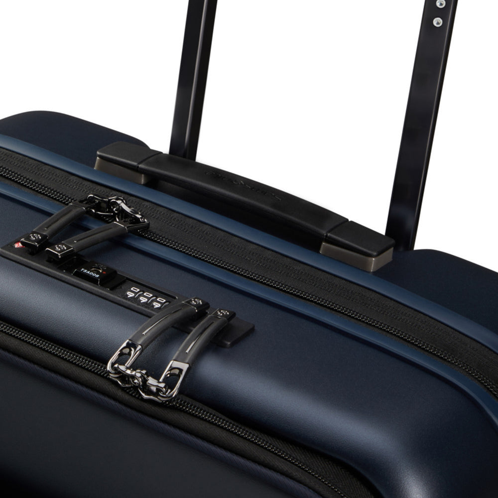 Midnight blue Samsonite 55cm Easy Access expandable spinner suitcase with wheels and handle for cabin travel.