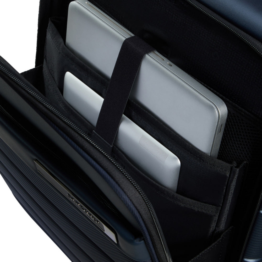 Midnight blue Samsonite expandable spinner suitcase with easy access, designed for cabin luggage travel, 55cm size.