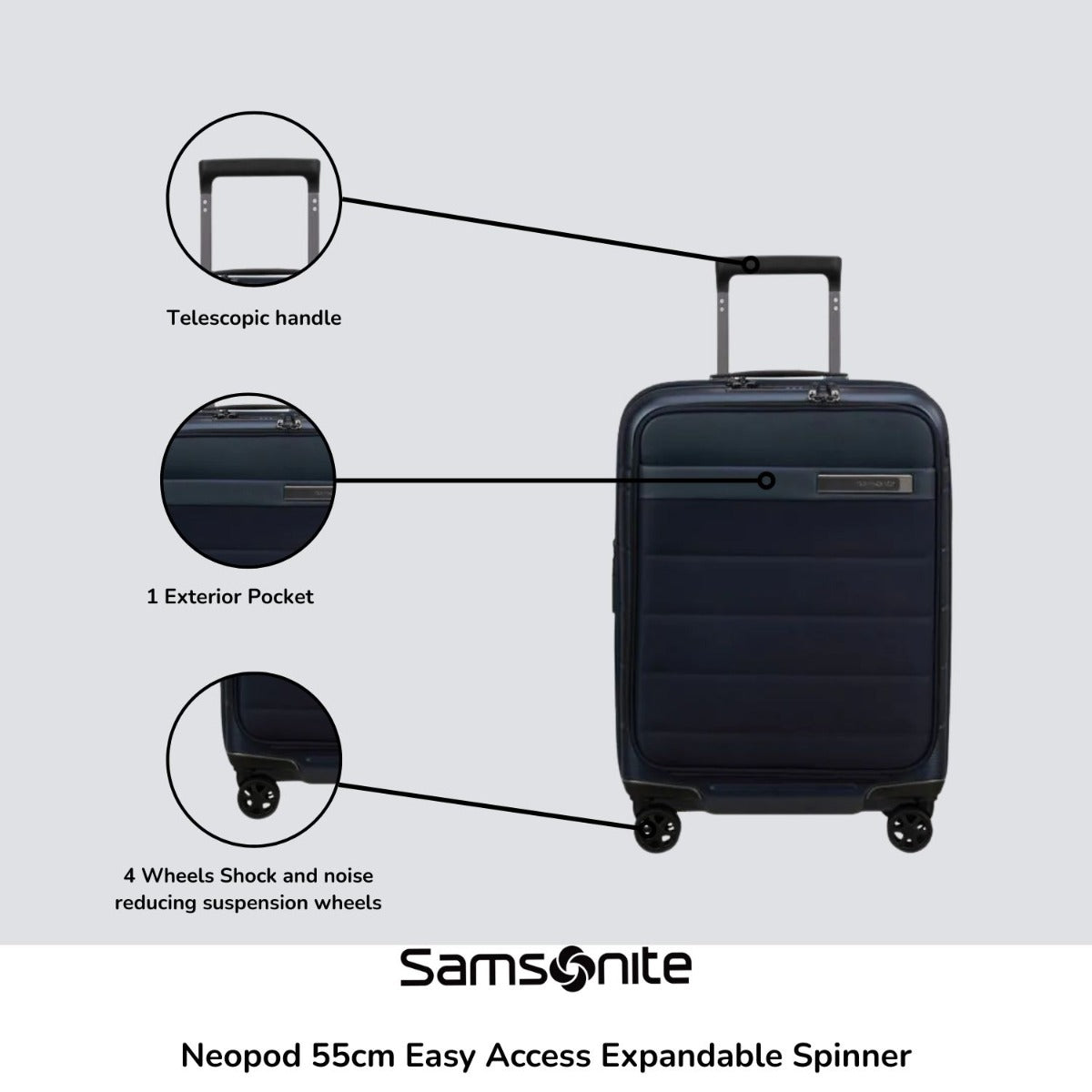 55cm Samsonite Neopod expandable spinner suitcase in a sleek design, showcasing easy access zippers and smooth wheels.
