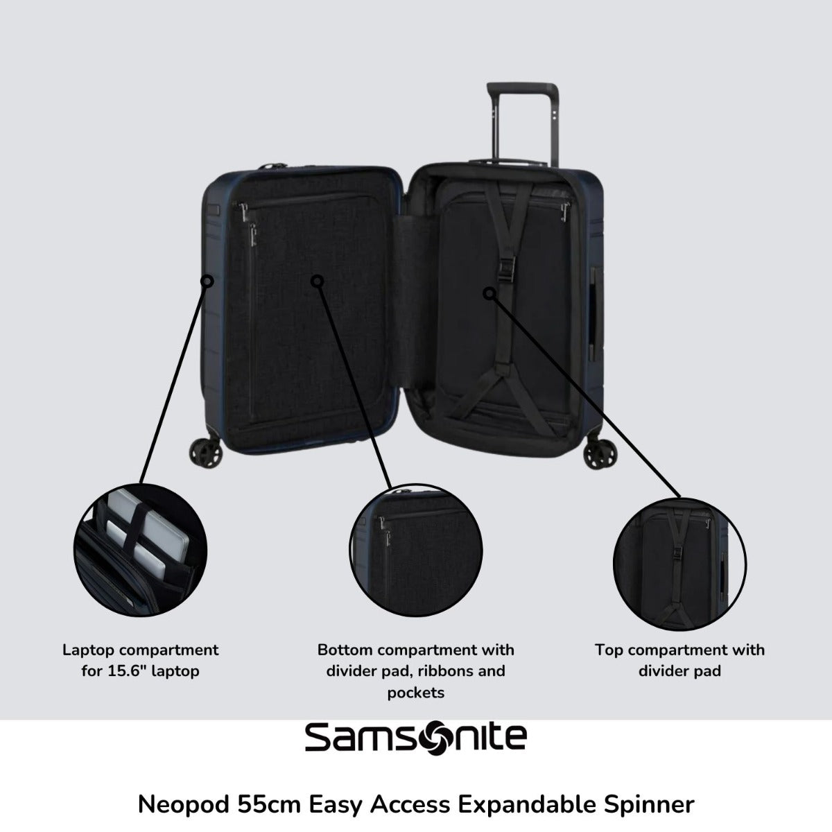 Samsonite Neopod 55cm expandable spinner suitcase with easy access compartments and smooth-rolling wheels.