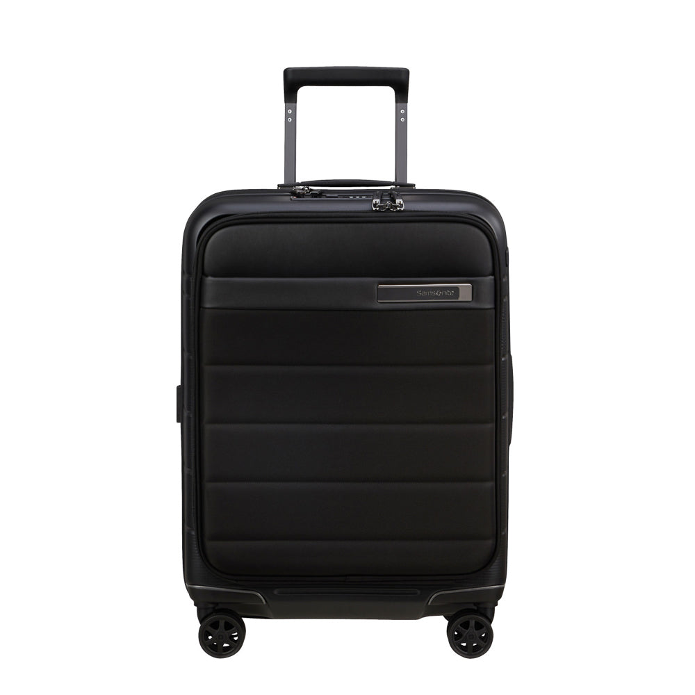 Samsonite Neopod 55cm expandable spinner suitcase in black, showcasing a sleek design and easy-access features.