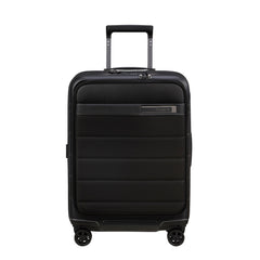 Samsonite Neopod 55cm expandable spinner suitcase in black, showcasing a sleek design and easy-access features.