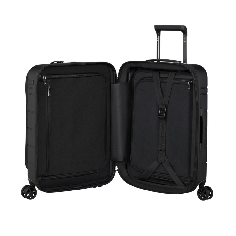 Samsonite 55cm Easy Access Expandable Spinner Suitcase in black, showcasing spacious interior and smooth-rolling wheels.