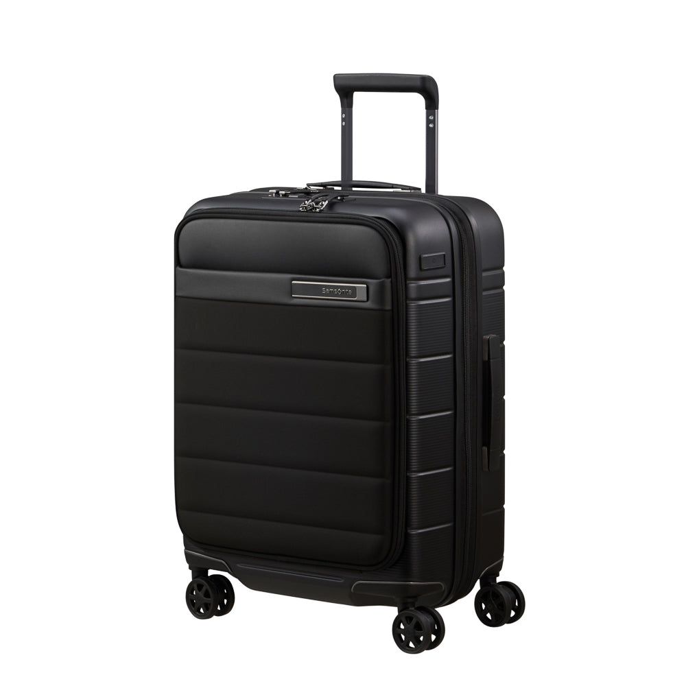 Black 55cm expandable spinner suitcase from Samsonite, featuring easy access design and smooth-rolling wheels.