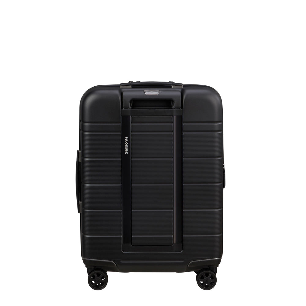 55cm Samsonite Neopod expandable spinner suitcase in black, featuring easy access compartments and smooth-rolling wheels.