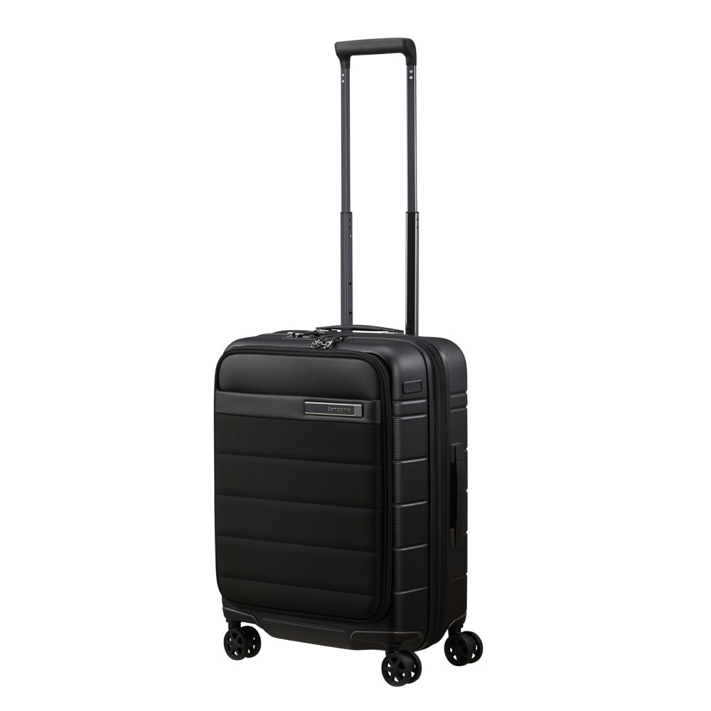 Samsonite 55cm Easy Access Expandable Spinner Suitcase in black, featuring smooth wheels and a spacious interior.