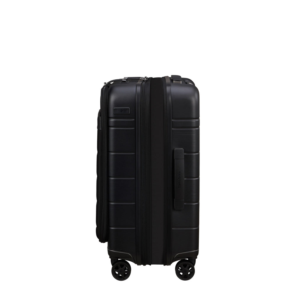 Samsonite Neopod 55cm expandable spinner suitcase in black, showcasing wheels and easy access compartments.