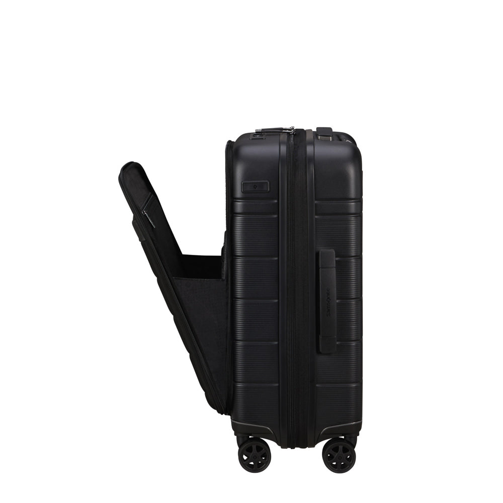 Samsonite Neopod 55cm expandable spinner suitcase in black, featuring easy access and smooth-rolling wheels.
