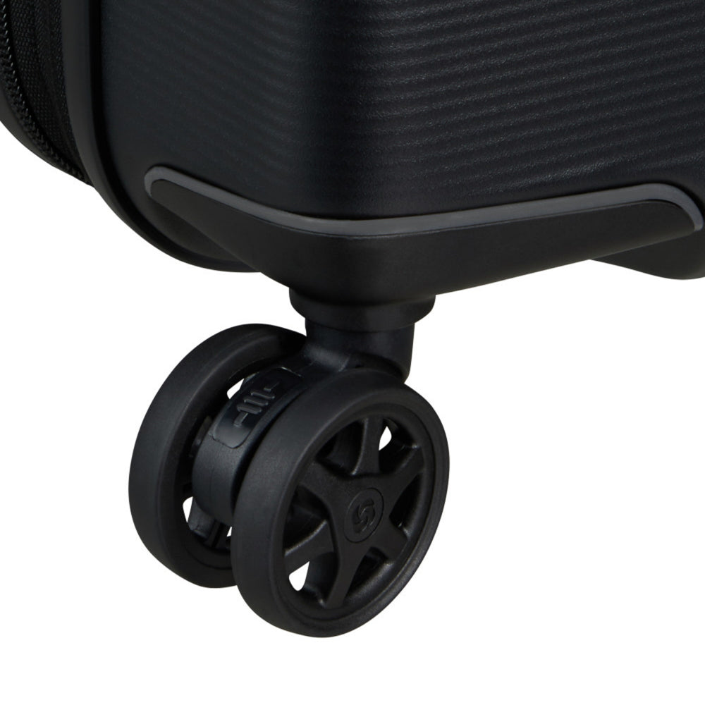 Black 55cm Easy Access Expandable Spinner Suitcase by Samsonite, featuring smooth wheels and spacious interior.