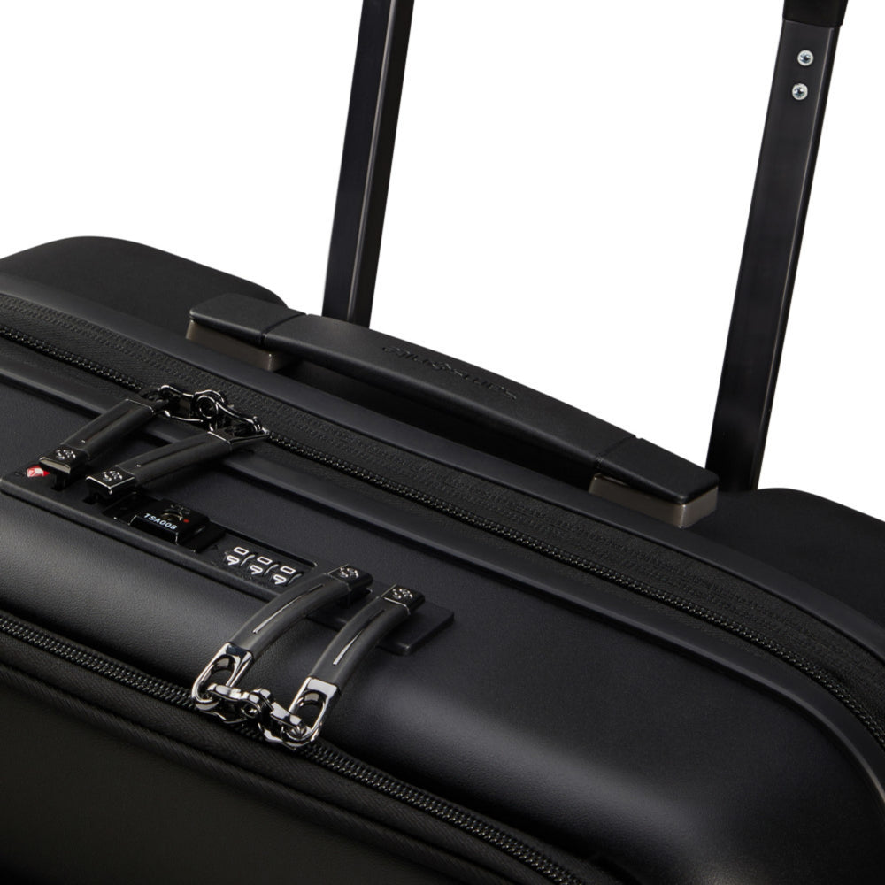 Samsonite Neopod 55cm expandable spinner suitcase in black with easy access compartments and smooth-rolling wheels.