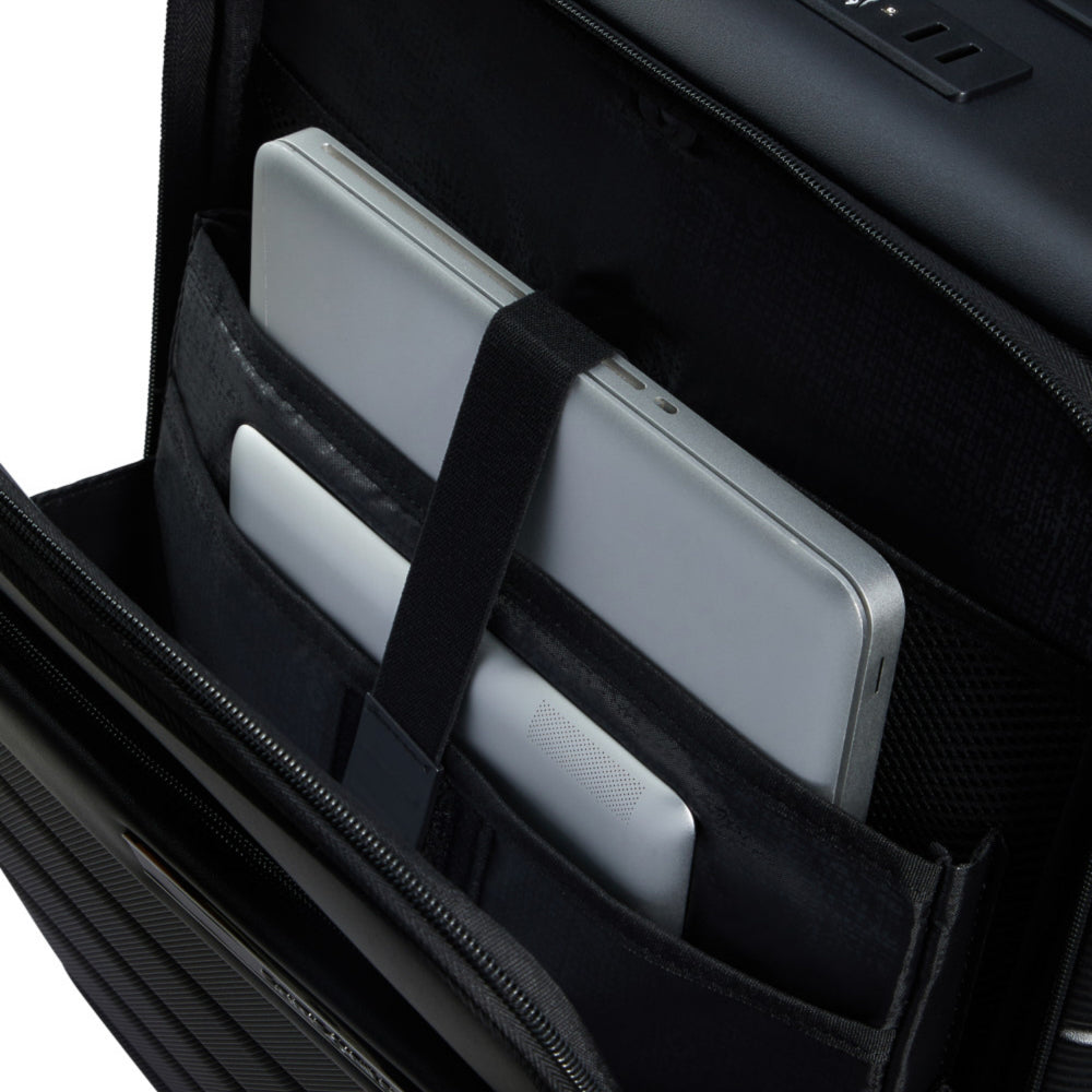 Samsonite Neopod 55cm expandable spinner suitcase in black, featuring easy access compartments and smooth-rolling wheels.