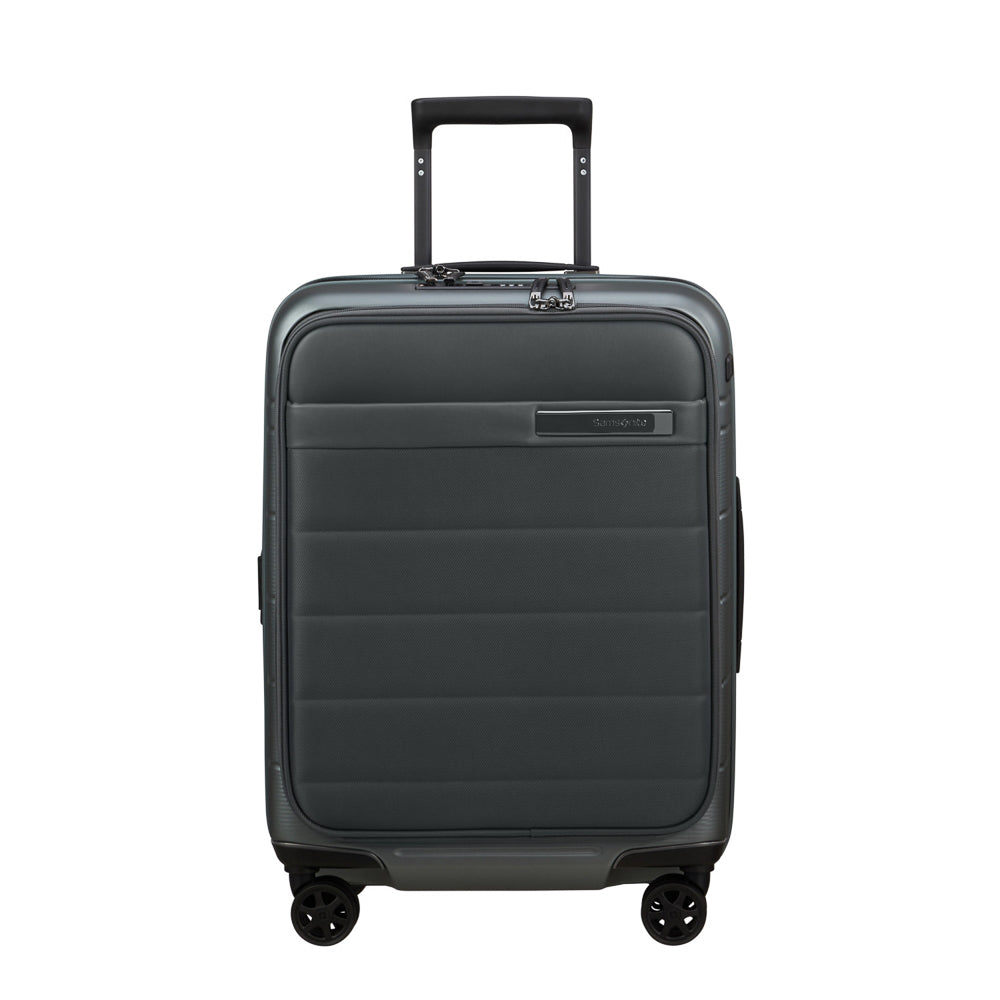 Samsonite 55cm Easy Access Expandable Spinner Suitcase in sage khaki, featuring smooth wheels and a spacious interior.