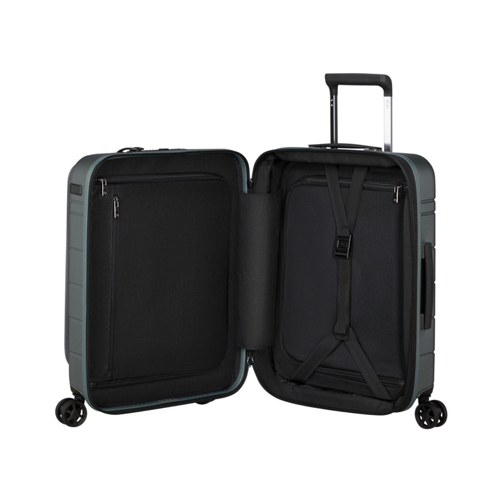 55cm expandable spinner suitcase in sage khaki by Samsonite, featuring easy access compartments and smooth-rolling wheels.