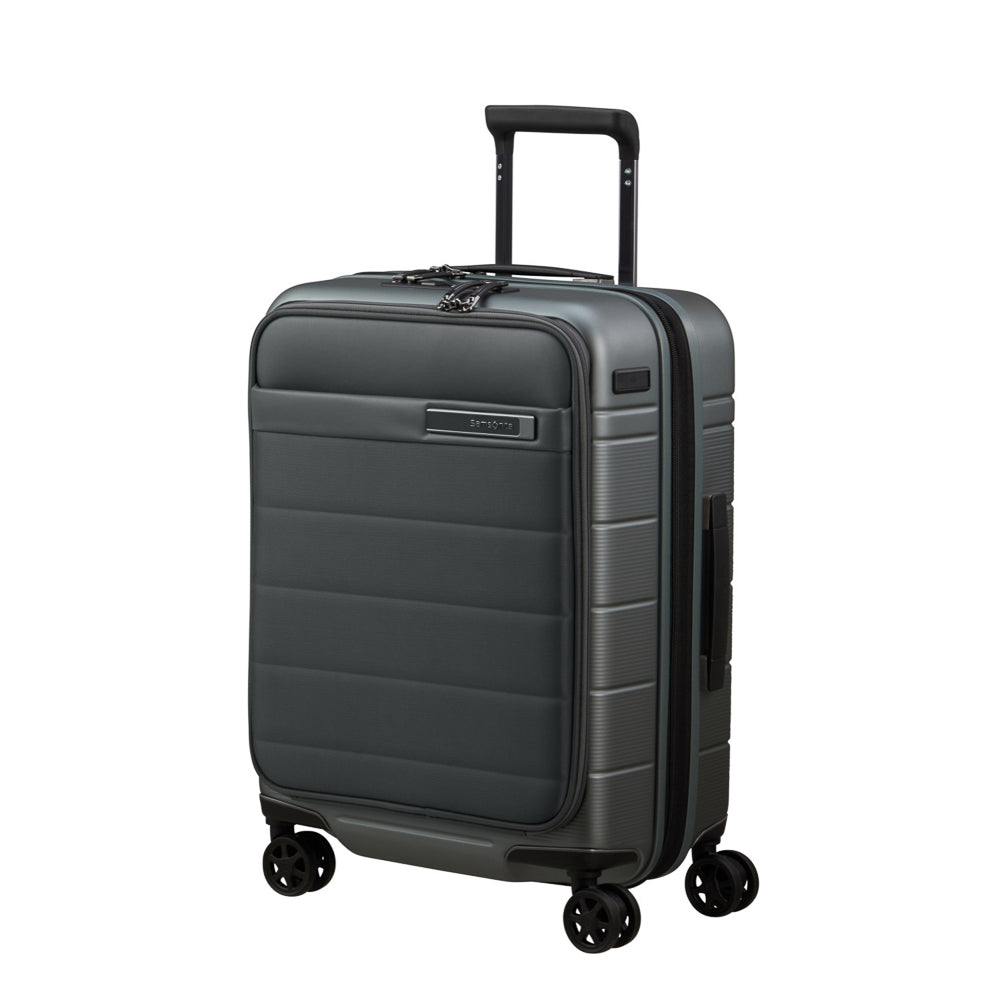 55cm Samsonite Neopod expandable spinner suitcase in sage khaki with easy access design for cabin travel.