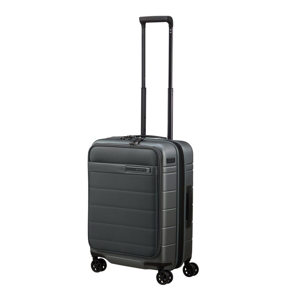 55cm expandable spinner suitcase in sage khaki by Samsonite, featuring easy access compartments and sturdy wheels.