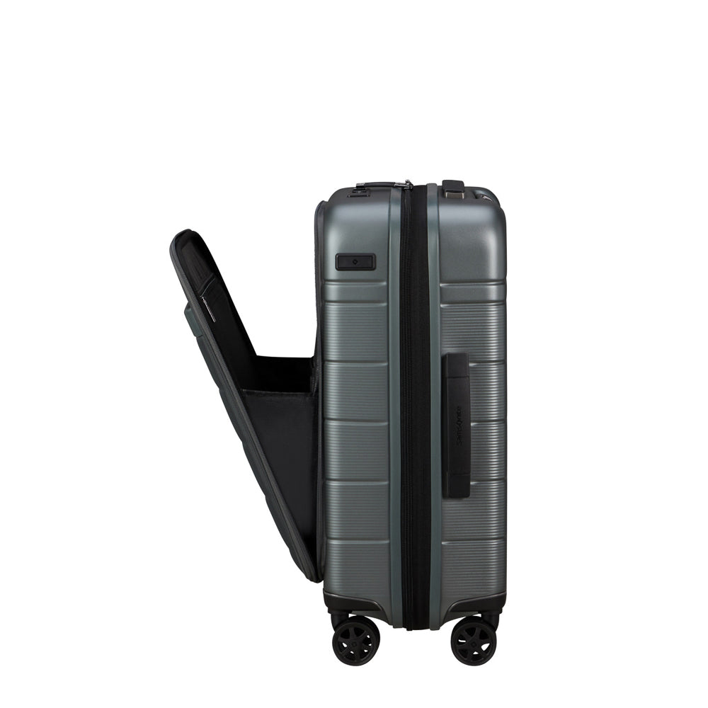 55cm Neopod expandable spinner suitcase in sage khaki, featuring easy access design and smooth-rolling wheels.