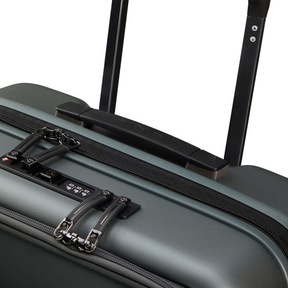 Samsonite 55cm Easy Access Expandable Spinner Suitcase in sage khaki, showcasing spacious interior and smooth wheels.