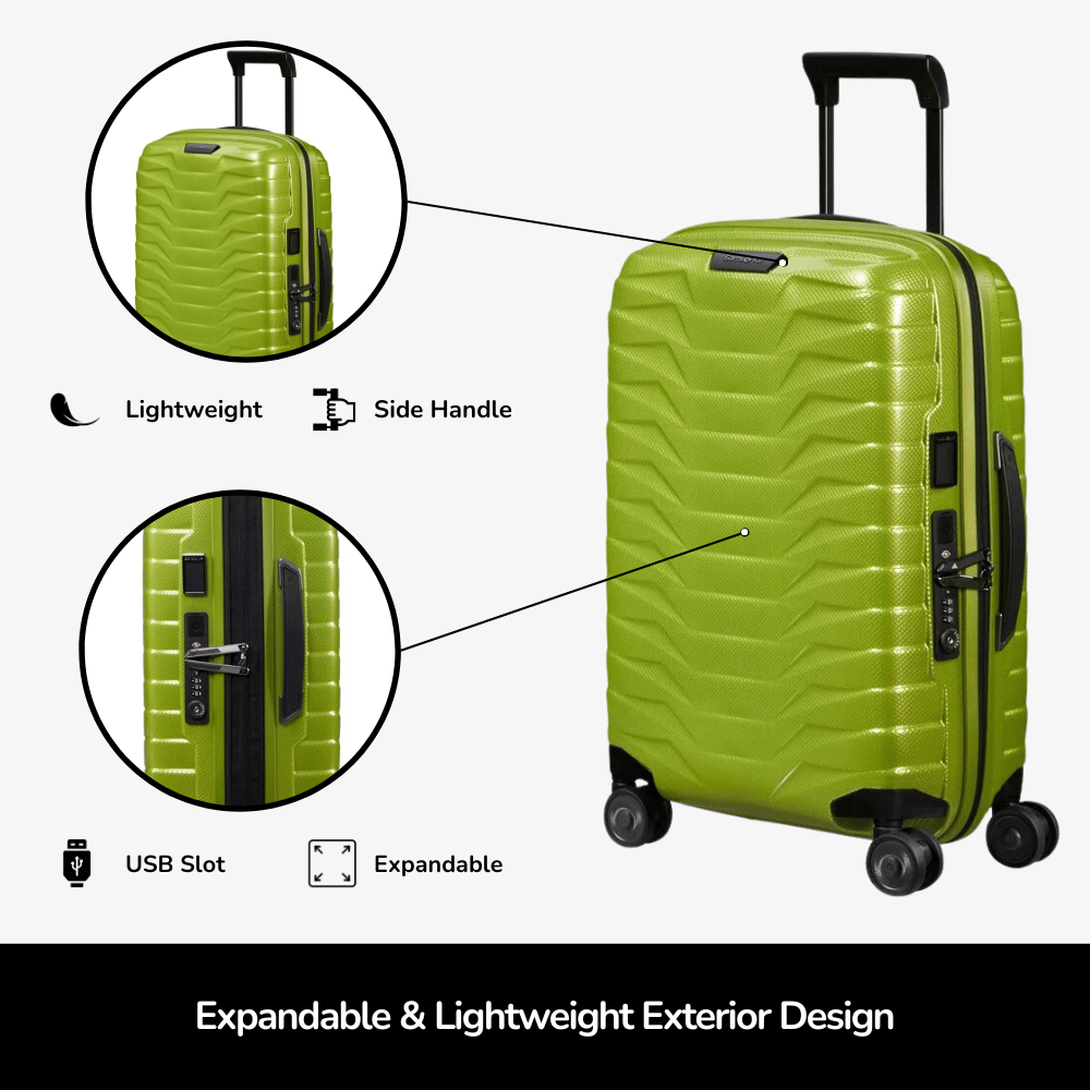 Samsonite Proxis 55cm expandable cabin spinner suitcase in a stylish design with smooth-rolling wheels.