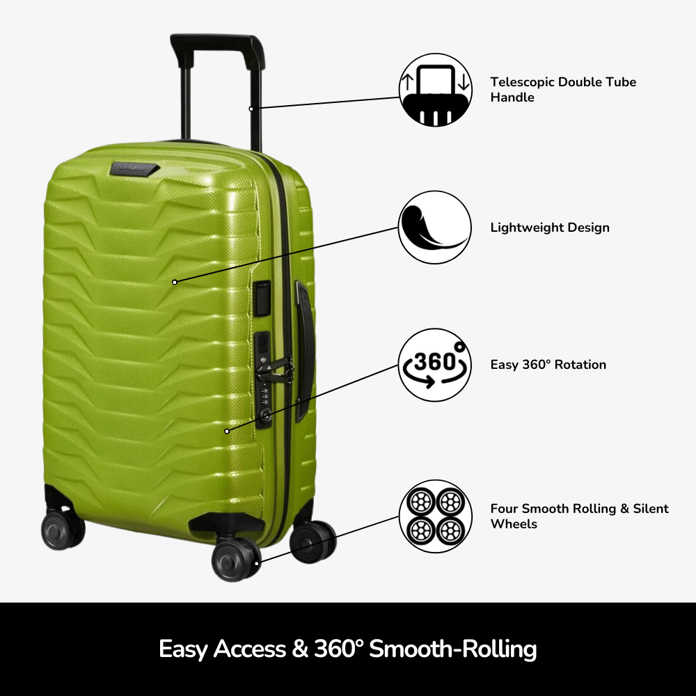 55cm expandable cabin spinner suitcase by Samsonite, featuring smooth wheels and a durable design in a stylish color.