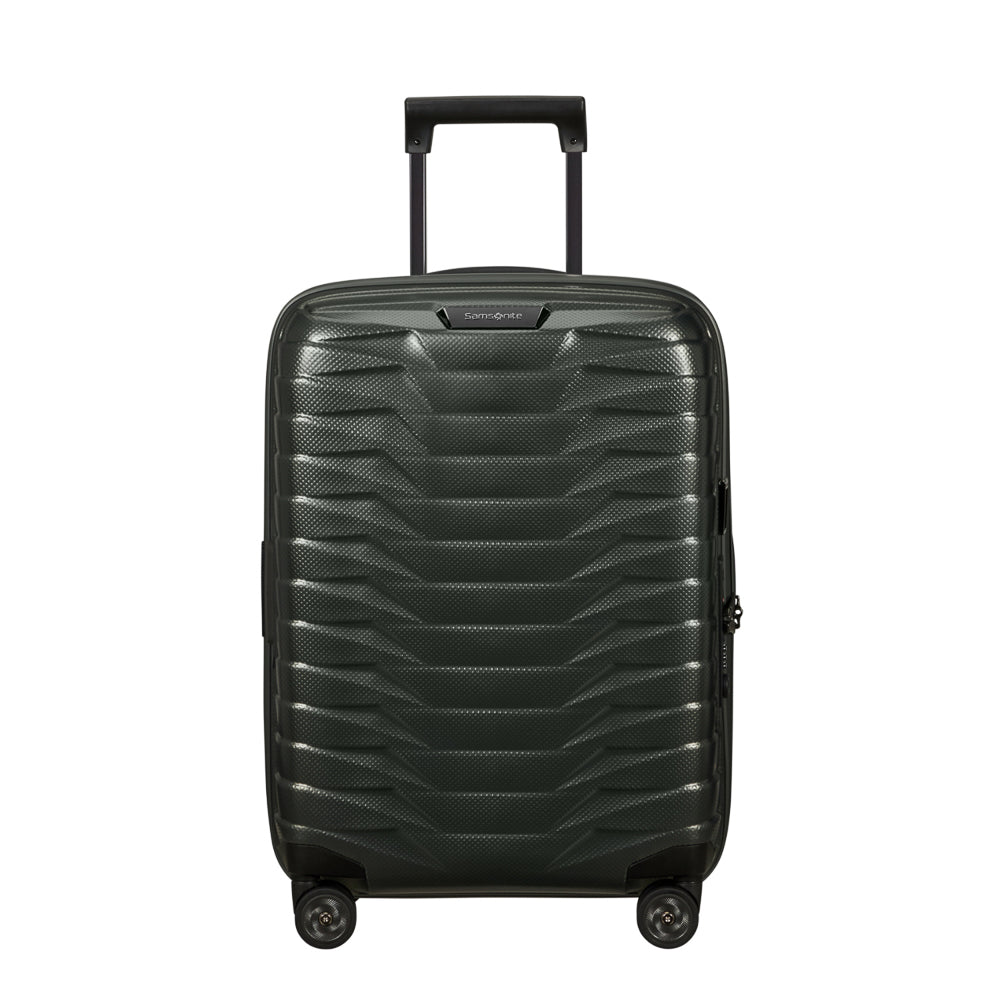 55cm Proxis expandable cabin spinner suitcase in climbing ivy color, showcasing smooth wheels and spacious interior.