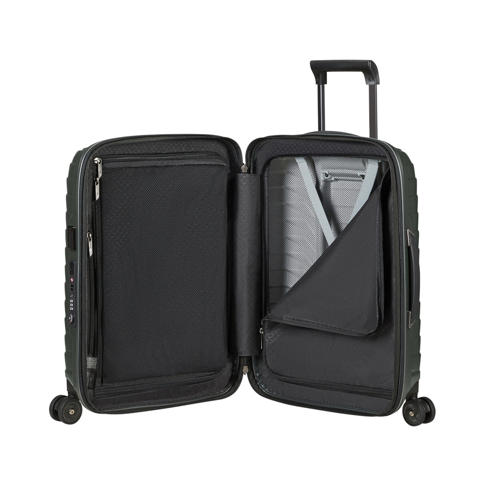 55cm Samsonite Proxis expandable cabin spinner suitcase in climbing ivy color, showcasing its sleek design and durable wheels.