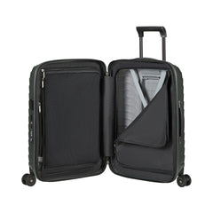 55cm Samsonite Proxis expandable cabin spinner suitcase in climbing ivy color, showcasing its sleek design and durable wheels.