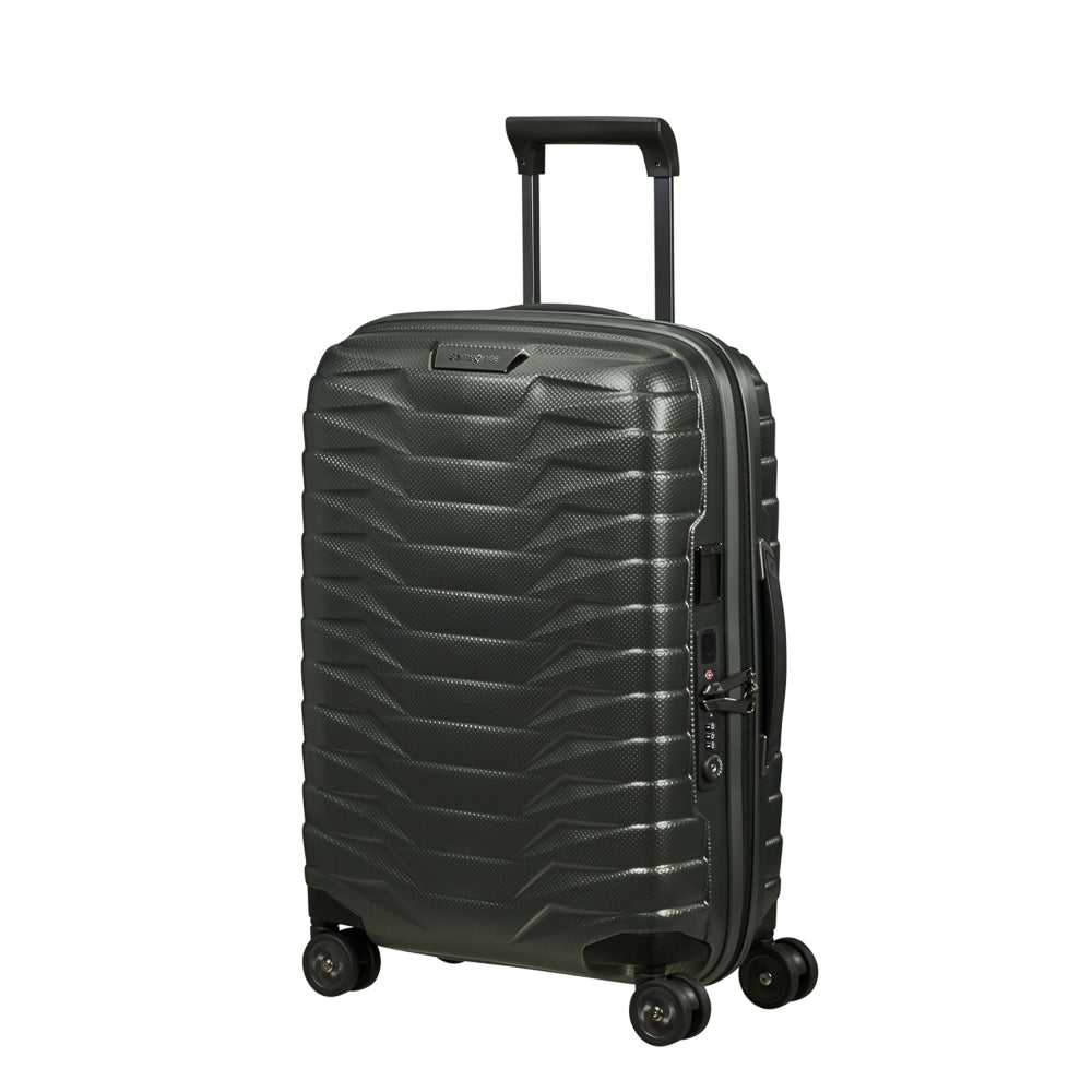 55cm Proxis expandable cabin spinner suitcase in climbing ivy color by Samsonite, showcasing wheels and handle.
