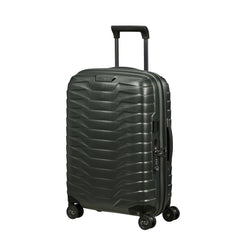 55cm Proxis expandable cabin spinner suitcase in climbing ivy color by Samsonite, showcasing wheels and handle.