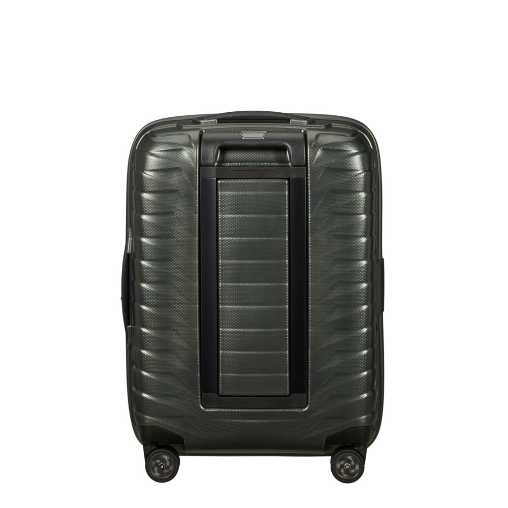 Samsonite Proxis 55cm expandable cabin spinner suitcase in climbing ivy color with smooth-rolling wheels and sturdy handle.