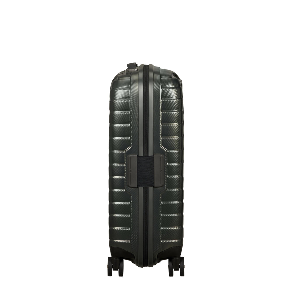 Samsonite Proxis 55cm expandable cabin spinner suitcase in climbing ivy color, featuring smooth wheels and sleek design.