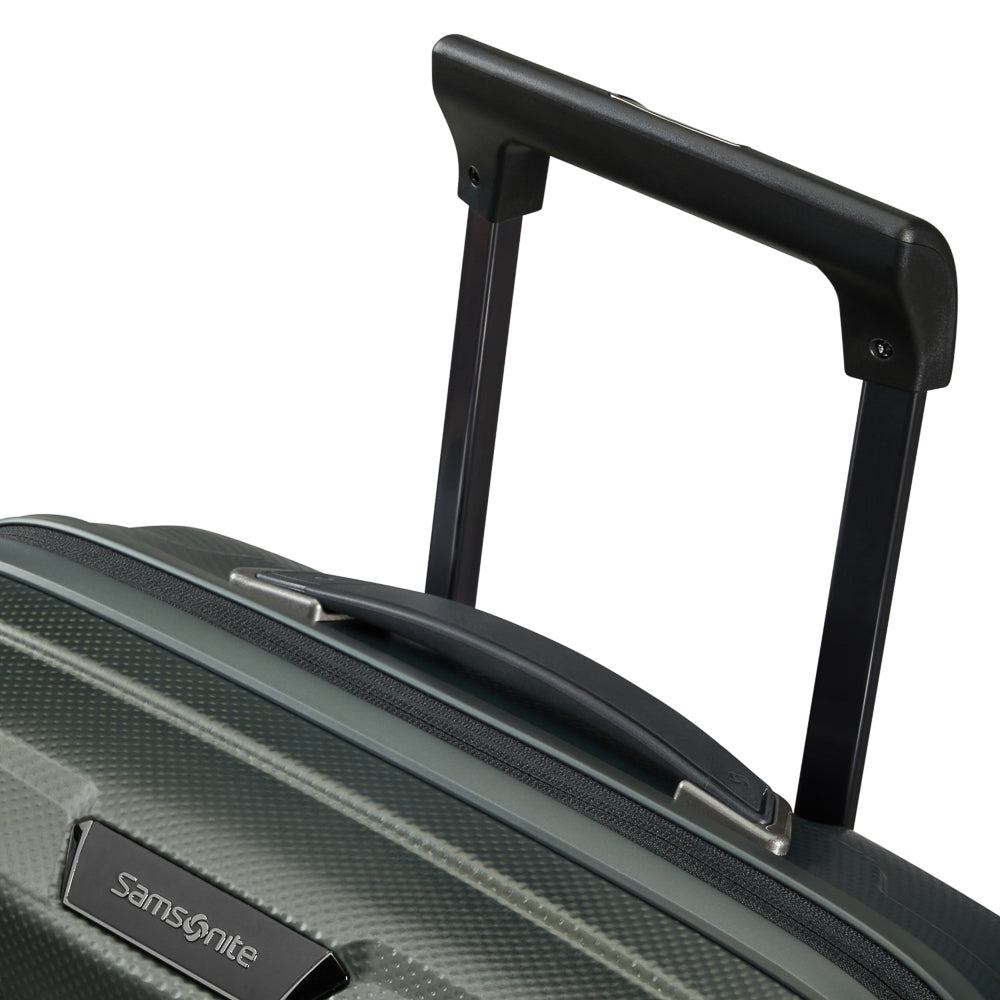 55cm expandable cabin spinner suitcase in climbing ivy color by Samsonite, showcasing a sleek design and sturdy wheels.