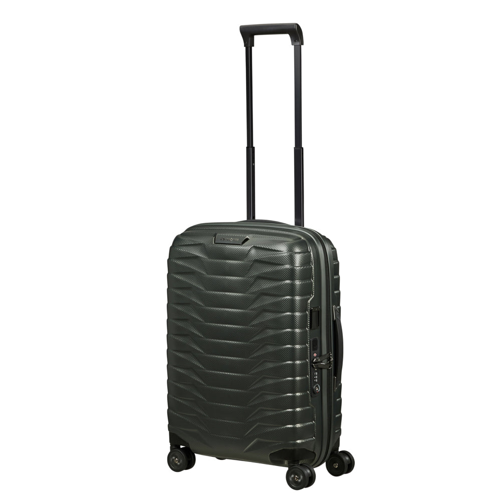55cm Proxis expandable cabin spinner suitcase in Climbing Ivy color, showcasing wheels and durable fabric design.
