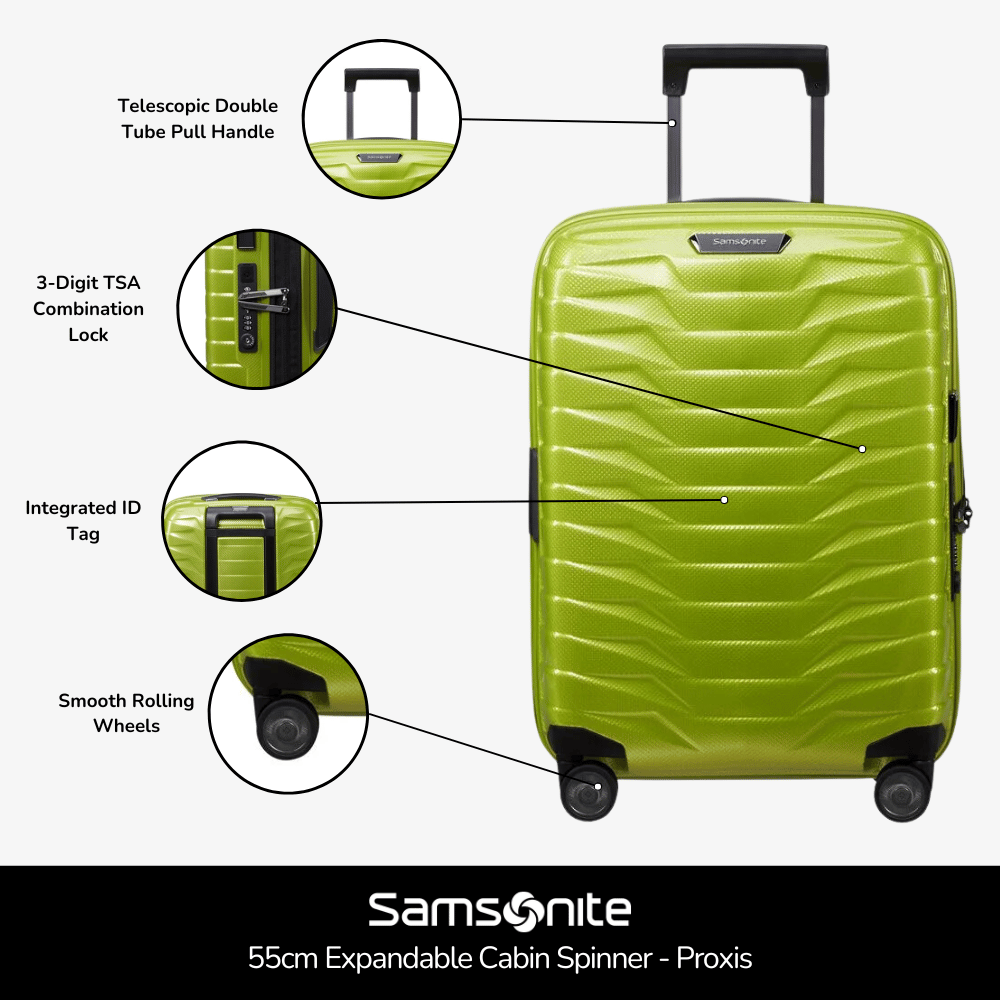 55cm expandable cabin spinner suitcase by Samsonite in sleek design, featuring smooth wheels and durable exterior.