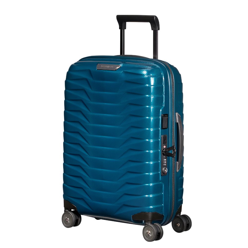 Petrol blue 55cm expandable cabin spinner suitcase by Samsonite, featuring four wheels and a sleek design.