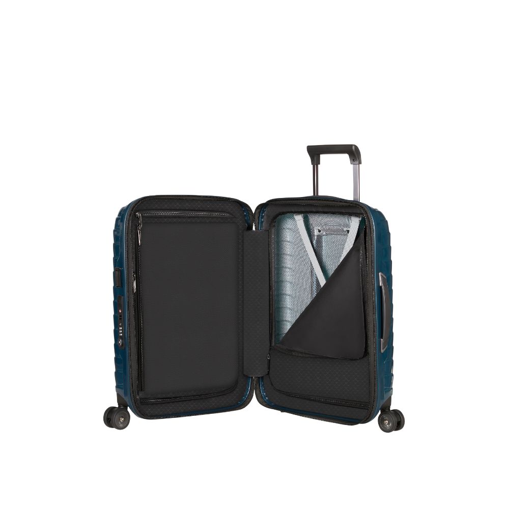 Petrol blue 55cm Samsonite Proxis expandable cabin spinner suitcase with smooth wheels and sturdy handle.