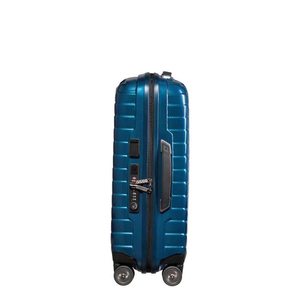 Samsonite Proxis 55cm expandable cabin spinner suitcase in petrol blue with a sleek design and smooth-rolling wheels.