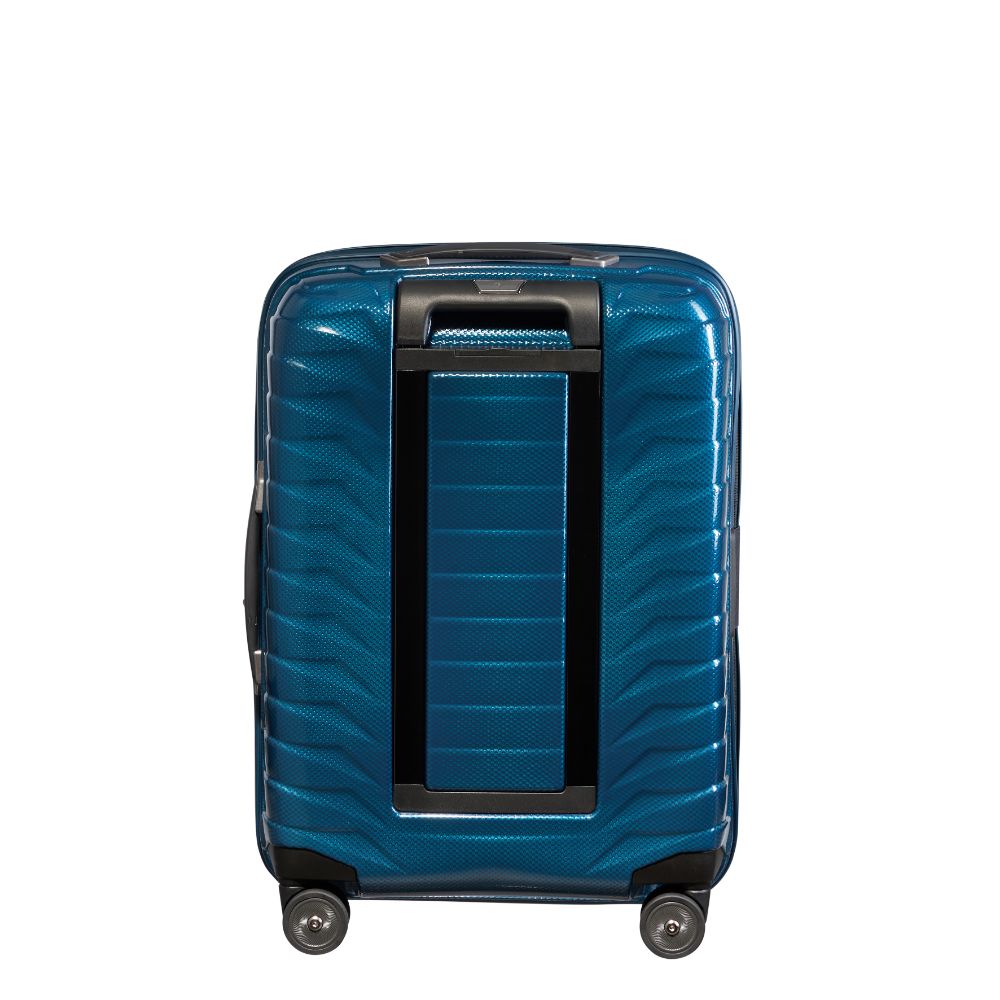 55cm petrol blue expandable cabin spinner suitcase by Samsonite Luggage with smooth wheels and sturdy handle.