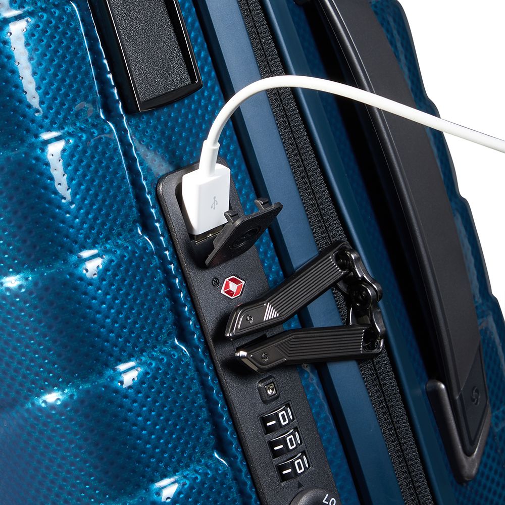 55cm petrol blue Samsonite Proxis expandable cabin spinner suitcase with four wheels and a sturdy handle.