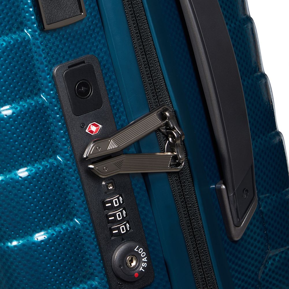 Petrol blue 55cm expandable cabin spinner suitcase by Samsonite, featuring smooth wheels and sturdy handle.