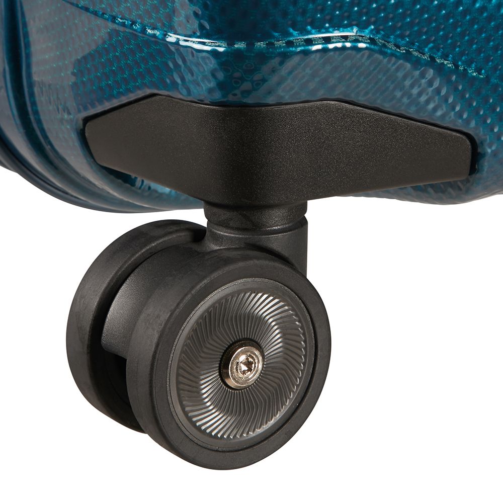 Petrol blue 55cm expandable cabin spinner suitcase by Samsonite, featuring a sleek design and smooth-rolling wheels.