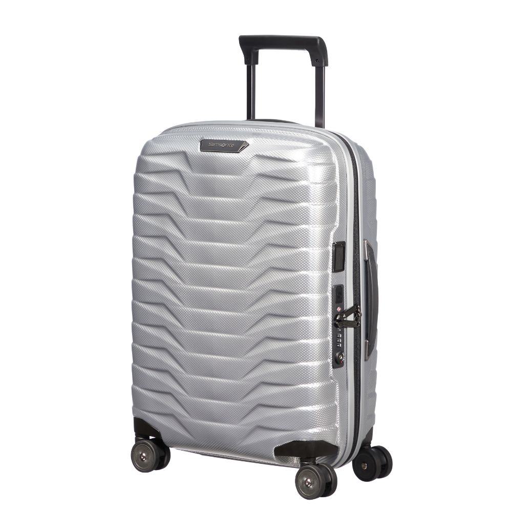 Silver 55cm expandable cabin spinner suitcase by Samsonite, featuring smooth wheels and a sleek design for easy travel.