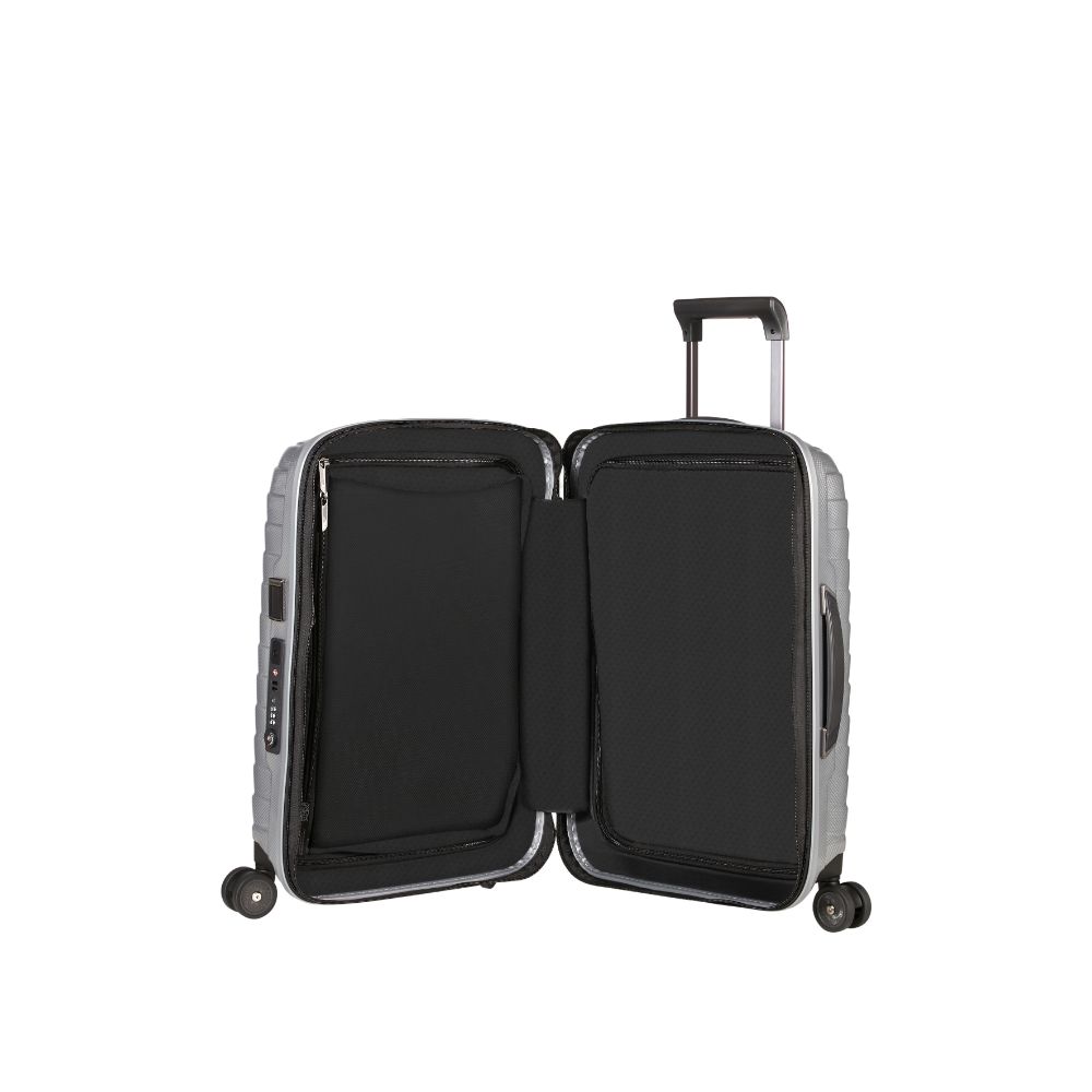 55cm silver expandable cabin spinner suitcase by Samsonite with smooth wheels and a sturdy handle.