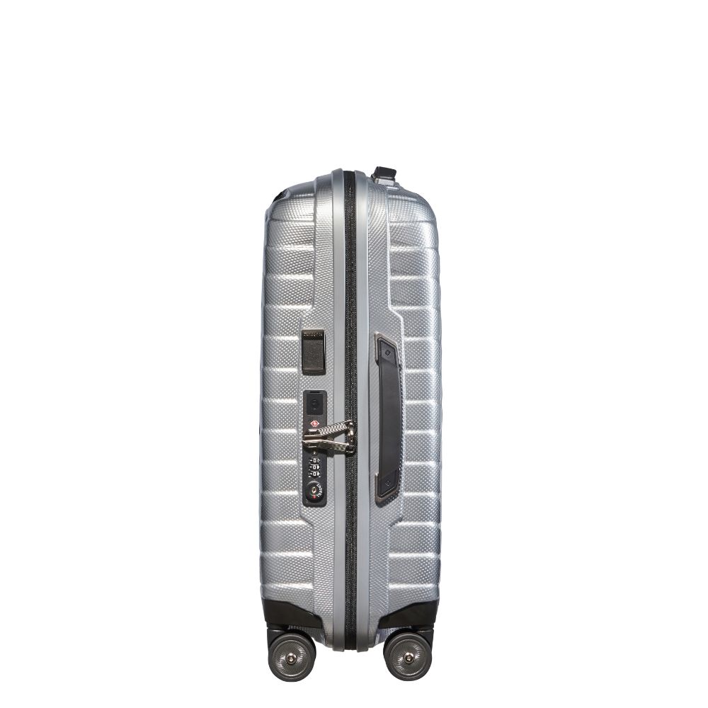 Silver 55cm expandable cabin spinner suitcase by Samsonite Luggage with four wheels and a sleek design.