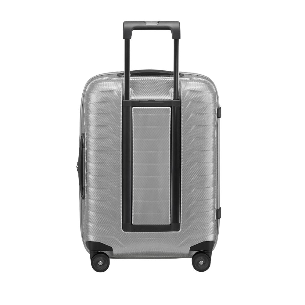 Silver 55cm expandable cabin spinner suitcase by Samsonite, showcasing smooth wheels and a sturdy handle.
