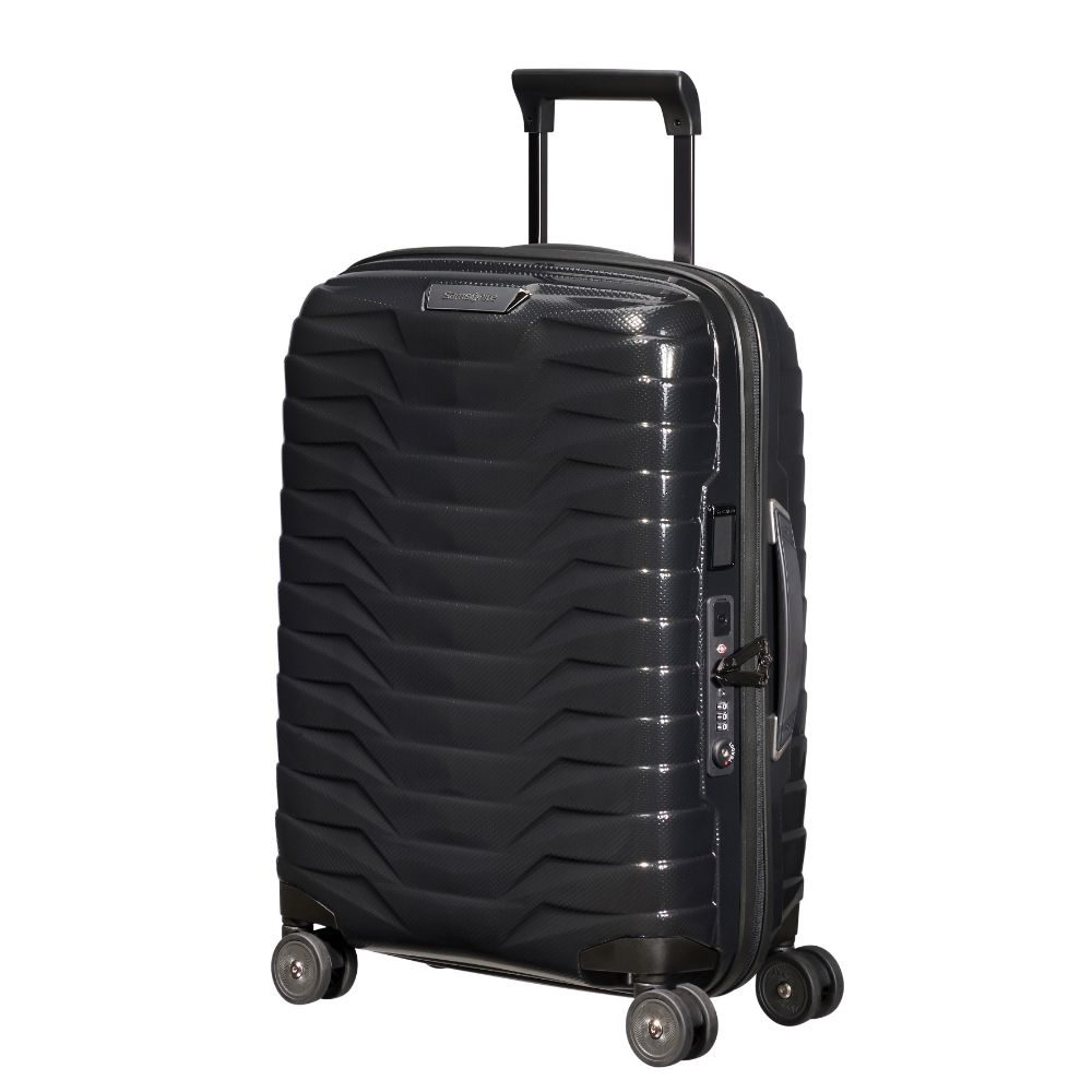 Samsonite Proxis 55cm expandable cabin spinner suitcase in black, showcasing smooth wheels and sturdy handle.