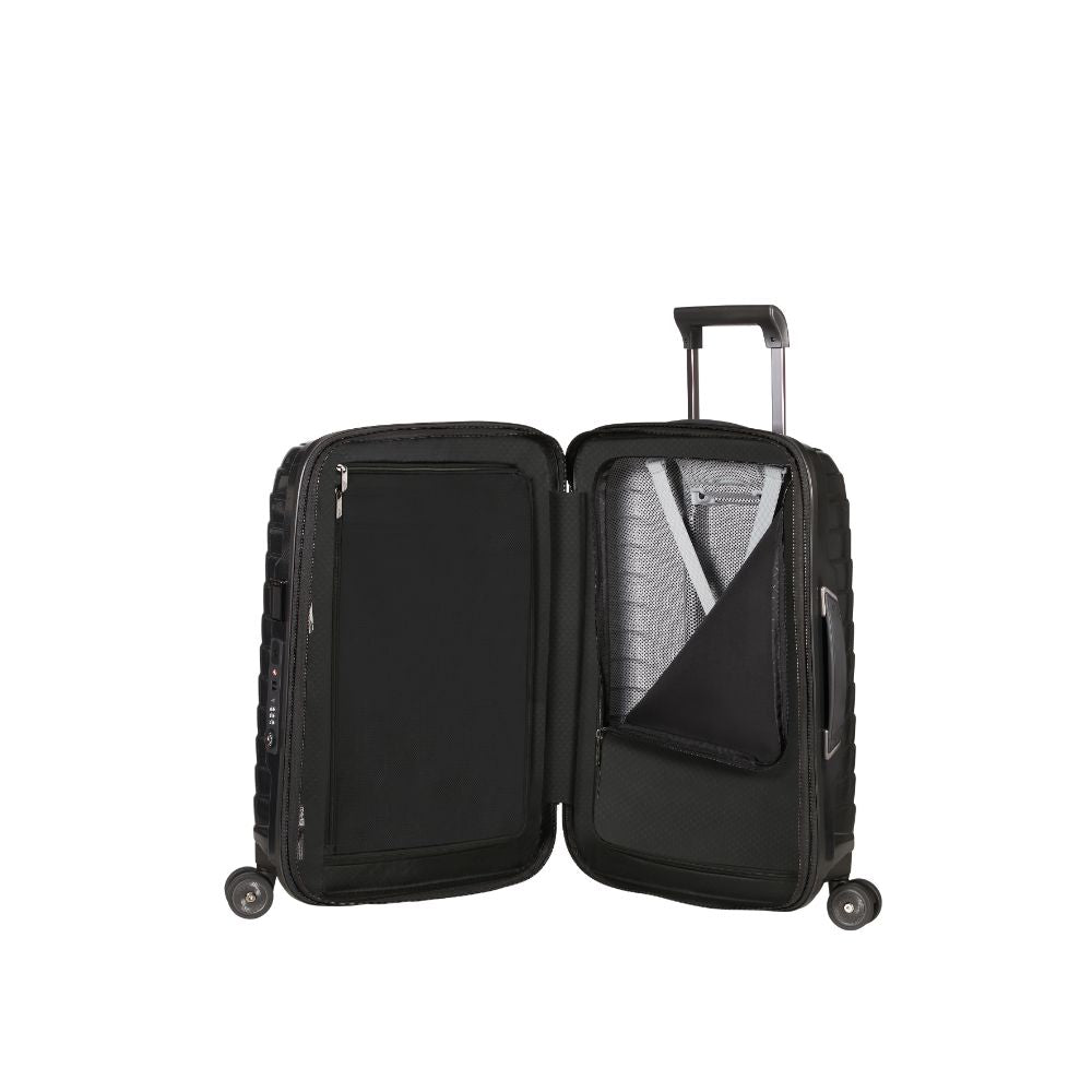 Black 55cm expandable cabin spinner suitcase by Samsonite, featuring smooth wheels and a sleek design for travel convenience.