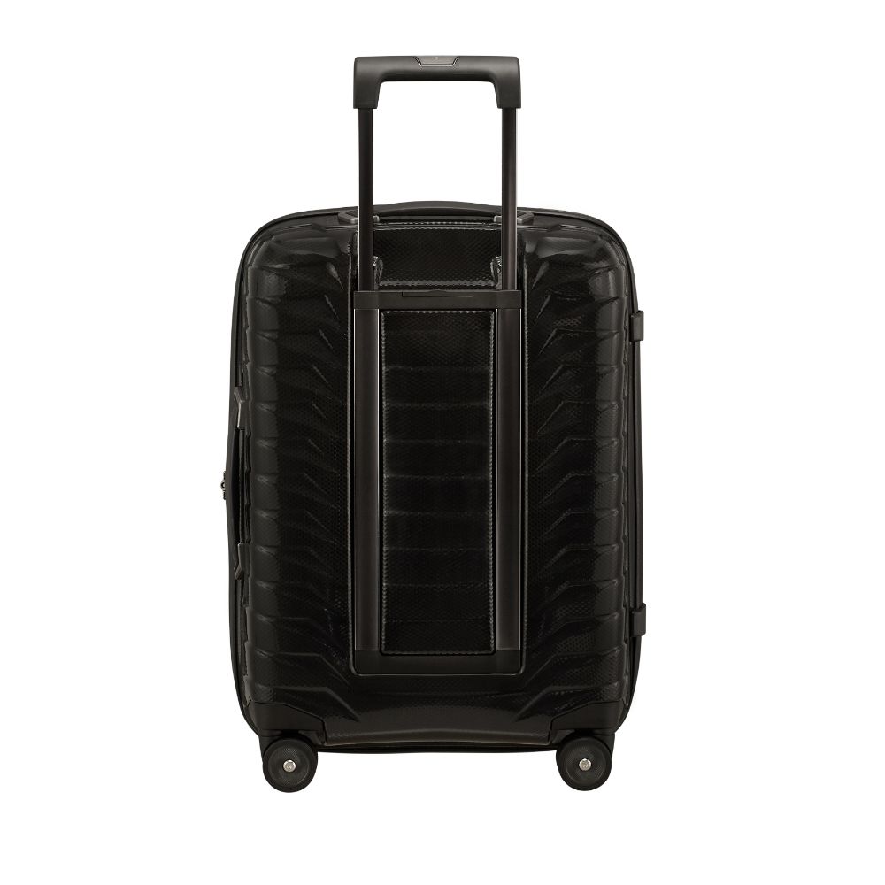 Samsonite Proxis 55cm expandable cabin spinner suitcase in black, featuring smooth wheels and a durable exterior.