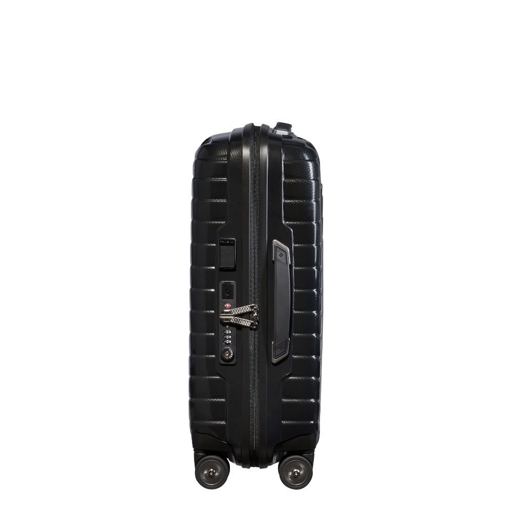 Samsonite Proxis 55cm expandable cabin spinner suitcase in black, showcasing smooth wheels and spacious interior.