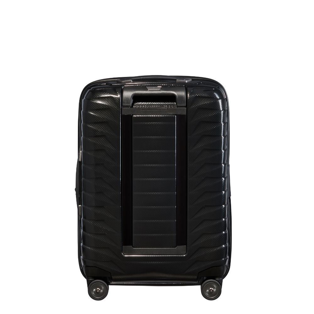 55cm black expandable cabin spinner suitcase by Samsonite, featuring a sleek design and smooth-rolling wheels.